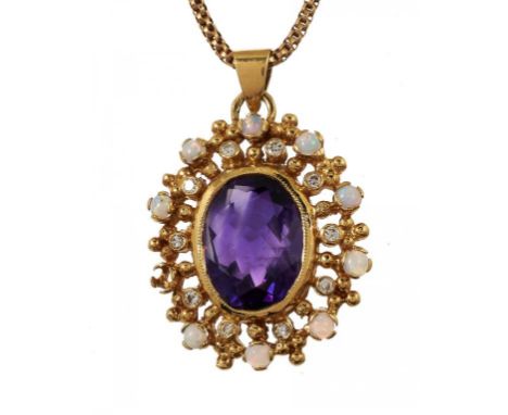 AN AMETHYST, OPAL AND DIAMOND PENDANT  with larger central amethyst, 2.9cm, indistinct maker's mark... &amp; Co, London 1976,