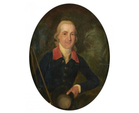 FOLLOWER OF LEMUEL FRANCIS ABBOTT PORTRAIT OF WILLIAM SMITH STOKES OF ROUGHTON, SHROPSHIRE  in   blue hunting coat with scarl