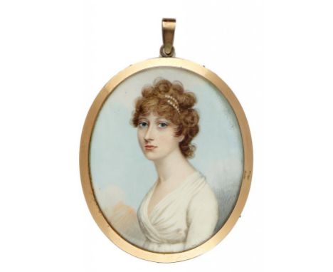 ENGLISH SCHOOL, C1790  A LADY  in a white dress and pearls in her curly light brown hair,   sky background, ivory, oval, 5.9 