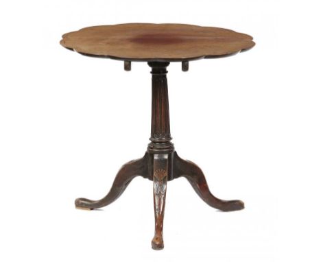 A GEORGE III MAHOGANY TRIPOD TABLE, LATE 18TH C  with associated line inlaid and scalloped tip-up top, the later block with b