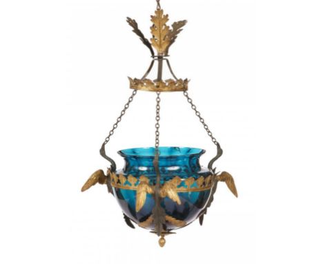 RUSSIAN. A GILT AND PATINATED BRASS HALL LANTERN,  EARLY 19TH C  with three fanciful birds with triple peacock eyed tail feat