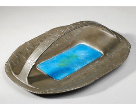 A LIBERTY &amp; CO PEWTER AND ENAMEL BASKET DESIGNED BY ARCHIBALD KNOX, C1905  20cm l, stamped MADE IN ENGLAND, ENGLISH PEWTE