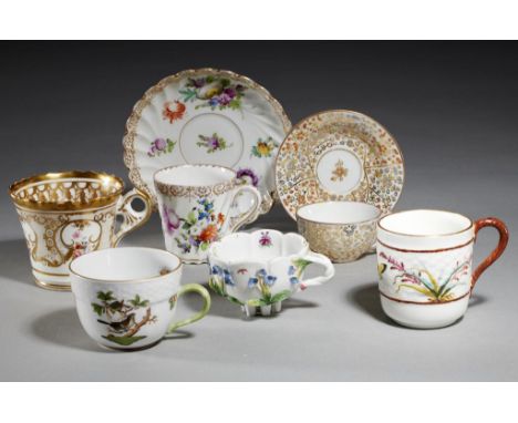 A DRESDEN FLUTED AND FLORAL PAINTED COFFEE CUP AND SAUCER, A CHAMBERLAIN'S WORCESTER GADROONED COFFEE CUP, A FRENCH MINIATURE