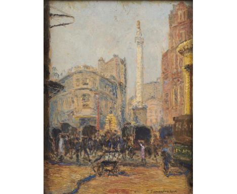 †PIERO SANSALVADORE (1892-1955) LONDON: THE MONUMENT FROM THE MARKET  signed, signed again and inscribed verso, oil on panel,