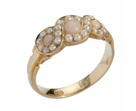 CARLO GIULIANO.  A WHITE CORAL AND SPLIT PEARL GUILLOCHE   RING, LATE 19TH C  in gold with reeded hoop, marked CG in an ellip