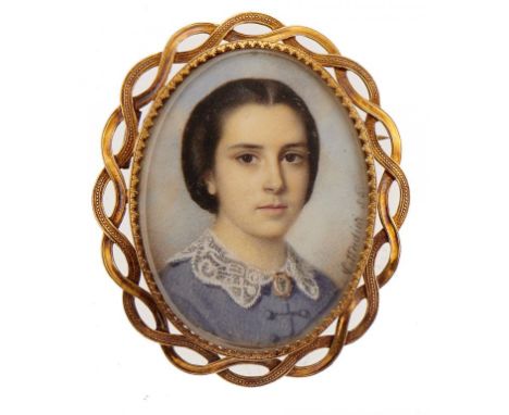 ALESSANDRO CITTADINI (1820-1877) A YOUNG WOMAN  in a blue dress with lace collar, signed, ivory, oval, 4.2 x 3.2cm, set in a 