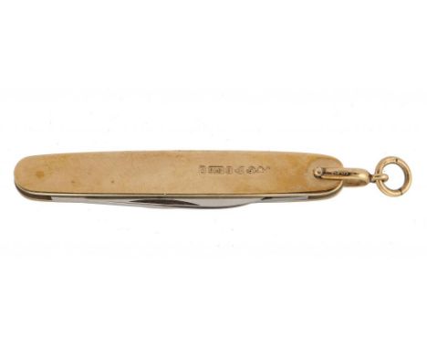 AN EDWARD VII 9CT GOLD FOLDING KNIFE  with two blades and plain gold scales, 7.5cm l including suspension loop, by S Mordan &
