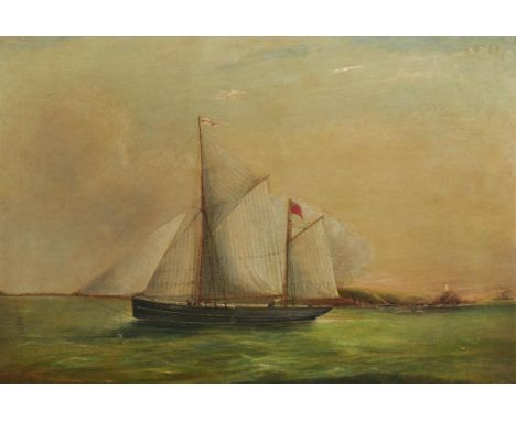 ENGLISH MARINE SCHOOL, 19TH CENTURY PORTRAIT OF THE BRITISH FORE-AND-AFT RIGGED VESSEL  "GAZELLE" NEAR A LIGHTHOUSE  oil on c