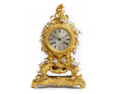 A FRENCH ROCOCO REVIVAL ORMOLU AND PORCELAIN FLOWER MANTLE CLOCK, RAINGO FRERES A PARIS, MID 19TH C the bell striking movemen