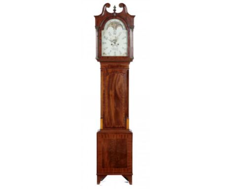 AN ENGLISH FIGURED MAHOGANY AND LINE INLAID EIGHT DAY LONGCASE CLOCK, JOHN WAINWRIGHT NOTTINGHM, C1800-30  with four pillar m