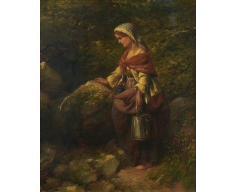 EDWARD CHARLES BARNES (1830-1890) FETCHING WATER FROM THE BROOK  signed (in red), oil on canvas, 31 x 26cm++The medium with l