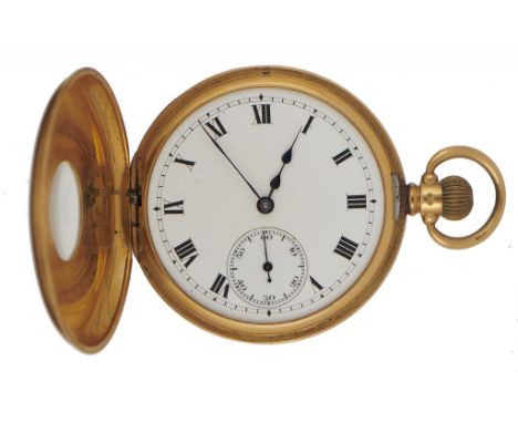 A SWISS 18CT GOLD KEYLESS LEVER HALF HUNTING CASED WATCH  the Tavannes movement with  gold cuvette, 4.8cm, Birmingham 1928++M