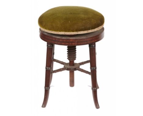 A GEORGE IV MAHOGANY PIANO STOOL, C1830  on ring turned legs, 48cm h; 36cm diam++Softwood parts wormed