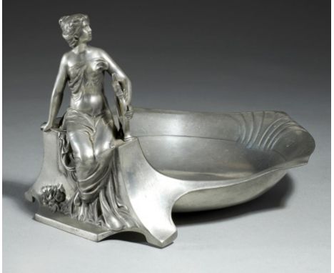 A JUGENDSTIL PEWTER FIGURAL DISH, C1905 16cm h, stamped oval angel mark and 9422++Good condition with only a few light polish