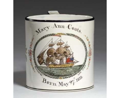 A DATED SUNDERLAND PEARLWARE MUG, LOW FORD OR DAWSON'S POTTERY, 1813 printed and painted with a ship, oval husk frames signed