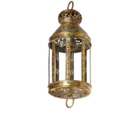 A DECORATIVE NORTHERN EUROPEAN SHEET BRASS LANTERN, LATE 19TH/EARLY 20TH C 51cm h excluding ring finial and pendant ++Lacks g