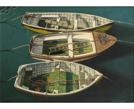 GEOFFREY BIGGS, 20TH CENTURY THREE ROWING BOATS  signed, oil on canvas board, 28.5 x 39cm++Varnish requires a light clean but