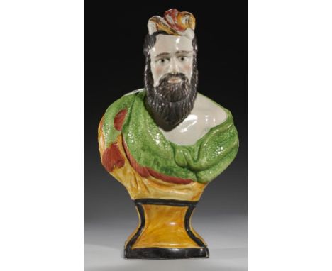 A STAFFORDSHIRE EARTHENWARE BUST OF NEPTUNE, C1825 with bright overglaze enamel painted decoration, 34cm hAn example inscribe