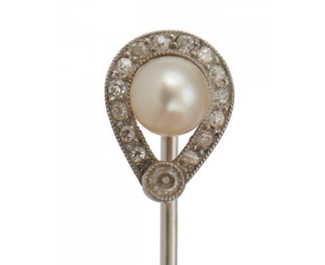 A FRENCH WHITE GOLD TIE PIN WITH PEARL AND DIAMOND TERMINAL, EARLY 20TH C 0.8 x 1.1cm, indistinct lozenge shaped maker's mark