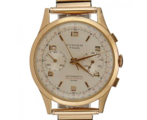A SYDNEM 18CT GOLD GENTLEMAN'S CHRONOGRAPH WRISTWATCH   later plated expanding bracelet, 3.6cm++Worn holes on one lug, in wor
