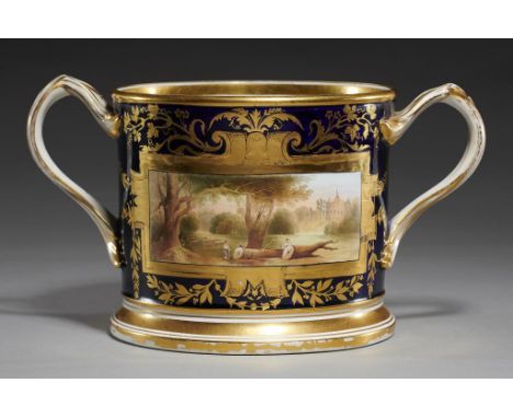 A DOCUMENTARY JOHN AYNSLEY &amp; SONS LOVING CUP, DATED 1889 perhaps thrown by John Aynsley and painted with a rectangular pa