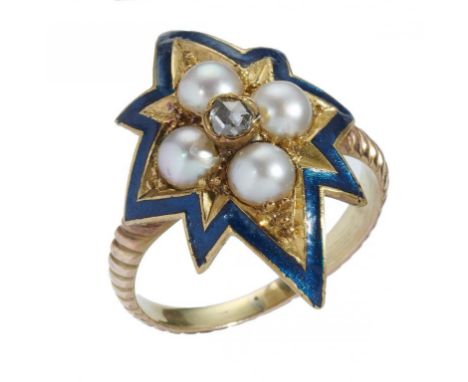 A VICTORIAN DIAMOND, SPLIT PEARL AND GOLD AND BLUE ENAMEL RING, LATE 19TH C  adapted, on reeded gold hoop, 4.1g, size I++One 