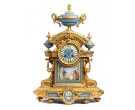 A FRENCH ORMOLU AND SÈVRES STYLE PORCELAIN MOUNTED MANTLE CLOCK, C1870  with Japy Freres bell striking movement in arched cas