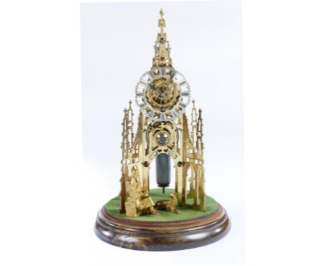 A VICTORIAN BRASS SCOTT MONUMENT SKELETON TIMEPIECE, MID 19TH C  with silvered chapter ring and chain fusee movement, on turn
