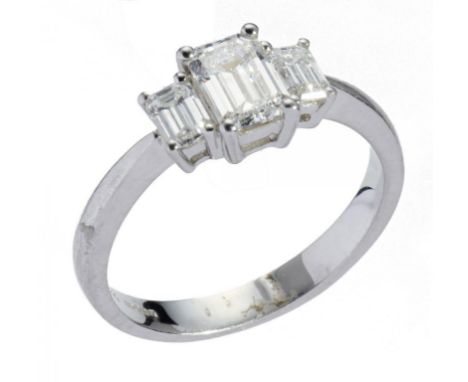 A DIAMOND RING  with three emerald cut diamonds, in 18ct  white gold, London 2016, 3.2g, size L++Good condition