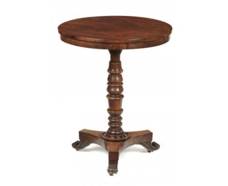 A WILLIAM IV ROSEWOOD LAMP TABLE, C1830 on lotus turned pillar, platform and paw feet, 75cm h, top 60cm diam++Good condition 