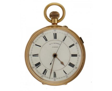 AN ENGLISH 18CT GOLD KEYLESS LEVER WATCH M J RUSSELL, LONDON   No 18801, centre seconds with stop work, enamel dial and three