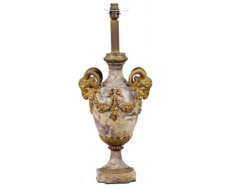A FRENCH ORMOLU MOUNTED BRECHE VIOLETTE MARBLE VASE, EARLY 20TH C  in Louis XVI style, 39cm h excluding later lamp fitment++O
