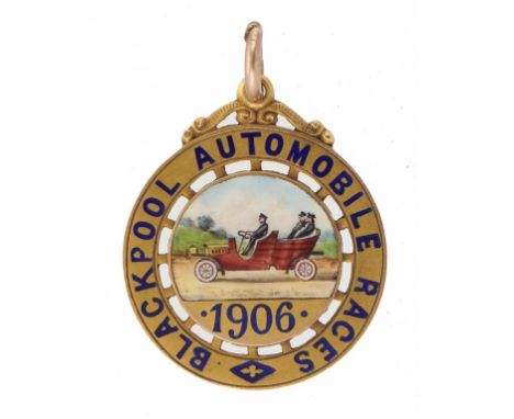 VETERAN MOTORING.  A RARE 9CT GOLD AND ENAMEL BLACKPOOL AUTOMOBILE RACES 1906 WATCH FOB MEDAL  obv plain, 2.4cm, by William J