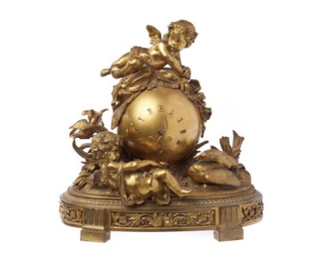 A FRENCH ORMOLU MANTEL CLOCK, C1870 the globe case with serpent hands, with chiselled and gilt bronze mounts of two putti, a 