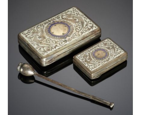 A CONTINENTAL SILVER GILT AND ENAMEL SNUFF BOX AND MATCH BOX EN SUITE, EARLY 20TH C  7.5 and 4.5cm l, marked 800 and a cigare