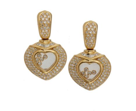 A PAIR OF DIAMOND EARRINGS of heart shape, containing loose diamonds, with round brilliant and trapeze cut diamonds, pavé set