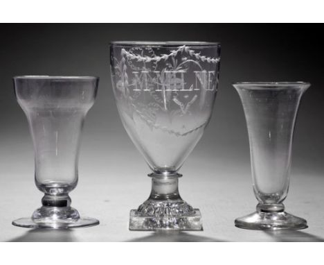 A REGENCY INSCRIBED GLASS RUMMER, C1790  engraved M MILNES framed by husks with hops and barley to the reverse, on 'lemon squ