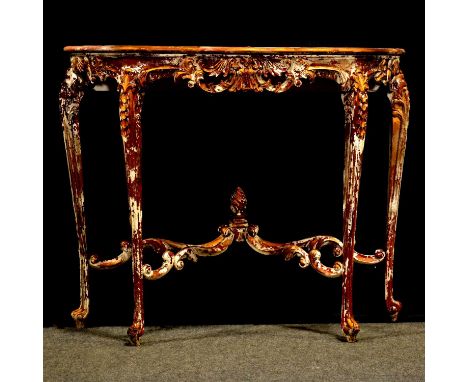 Small gilt and painted console table, serpentine top, carved apron, cabriole legs joined by scrolled stretcher, width 101cm, 