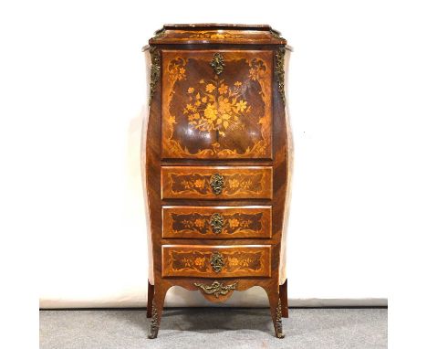 19th Century French kingwood and marquetry escritoire, bombe shape with variegated marble top, fall front writing surface enc