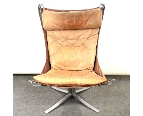 A highback 'Falcon' lounge chair, 1970s, attributed to Sigurd Ressell for Vatne Mobler, leather seat pads on brown canvas sli
