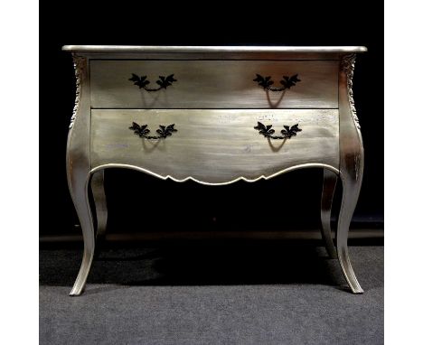 Silver painted part bedroom suite, including a French style commode, serpentine top with two drawers, cabriole legs, width 10