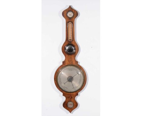 Victorian rosewood banjo shaped wall barometer, silvered chart, replaced thermometer, 102cm.
