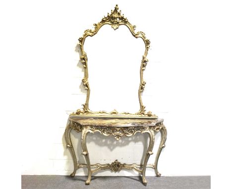 Contemporary silver painted console table and mirror, French style with scrolled acanthus and floral outlines, the mirror wit