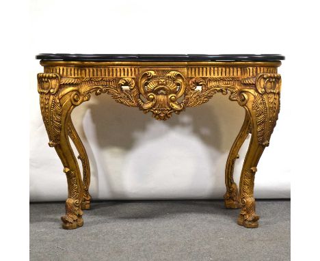 Pair of French style gilt console tables and mirrors, the mirrors with scrolling acanthus frames, arched glass, tables with s