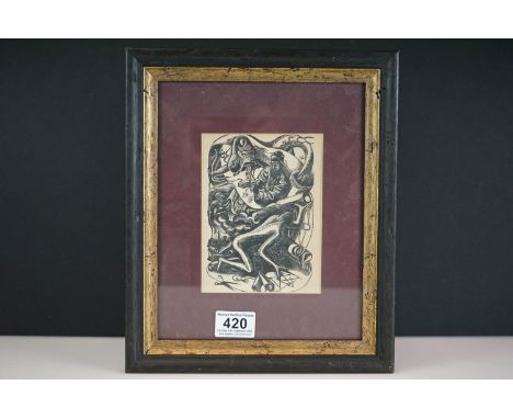 Leon Underwood, a framed vintage print illustration, Chinese scribe with dragon and figure 