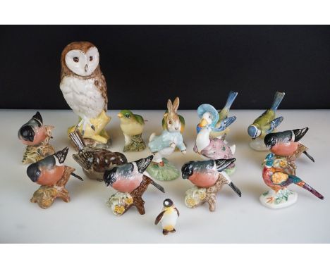 Collection of 13 porcelain bird figures to include six Beswick no. 1042 Bullfinches, two Beswick Greenfinches no. 2105, two G