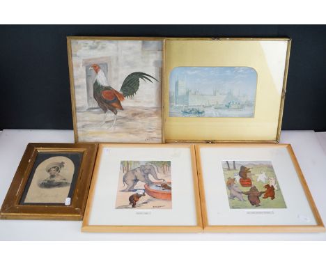 Five Pictures including Two Louis Wain Prints of Children's Illustration titled Bath Time and At the Bears Party, Coloured En