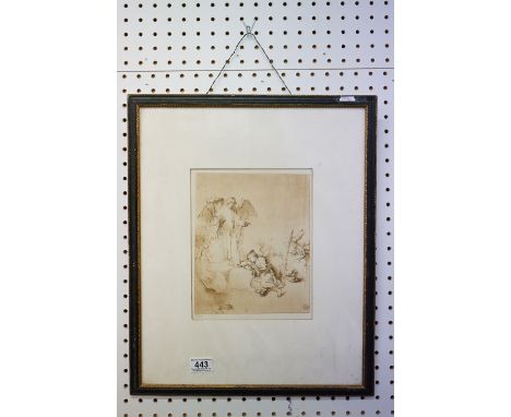 Hogarth framed sepia print of a classical ecclesiastical scene with figures and angel, inscribed in image 