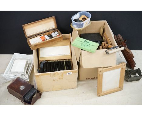 Collection of photographic and development equipment to include a collection of over 40 glass negative plates (of varied subj