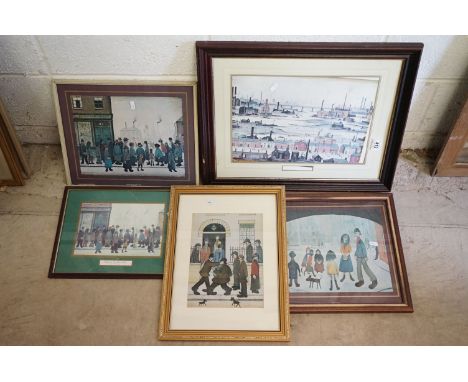 L S Lowry, Five Prints including Waiting for the shop to open x 2, Under the Arch, Industrial Landscape and A Fight, largest 